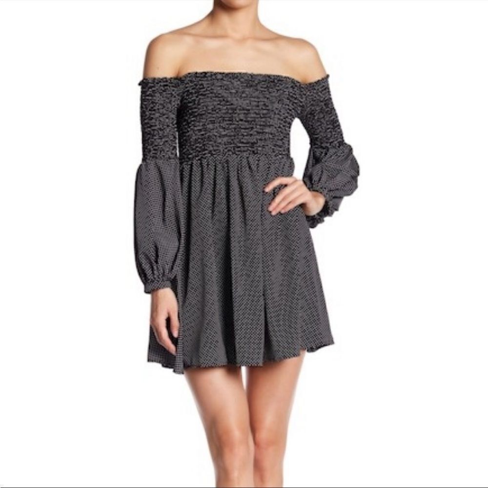 Likely Off Shoulder Black & White Polka Dot Autumn Vibes Mini Dress